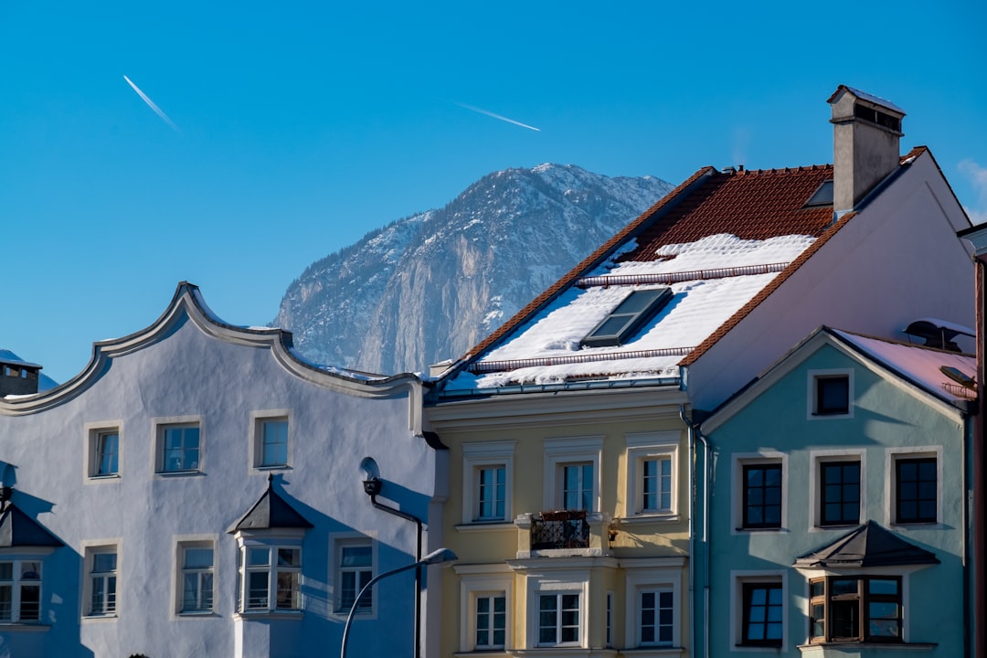 a row of houses with a mountain in the background