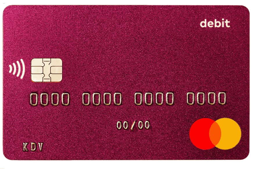 Carte bancaire à débit immédiat de couleur bordeaux avec logo Mastercard.