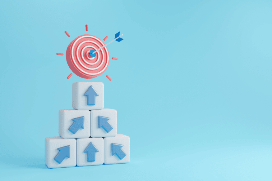 Illustration 3D d’une cible atteinte avec des blocs en flèche symbolisant la progression vers un objectif financier.