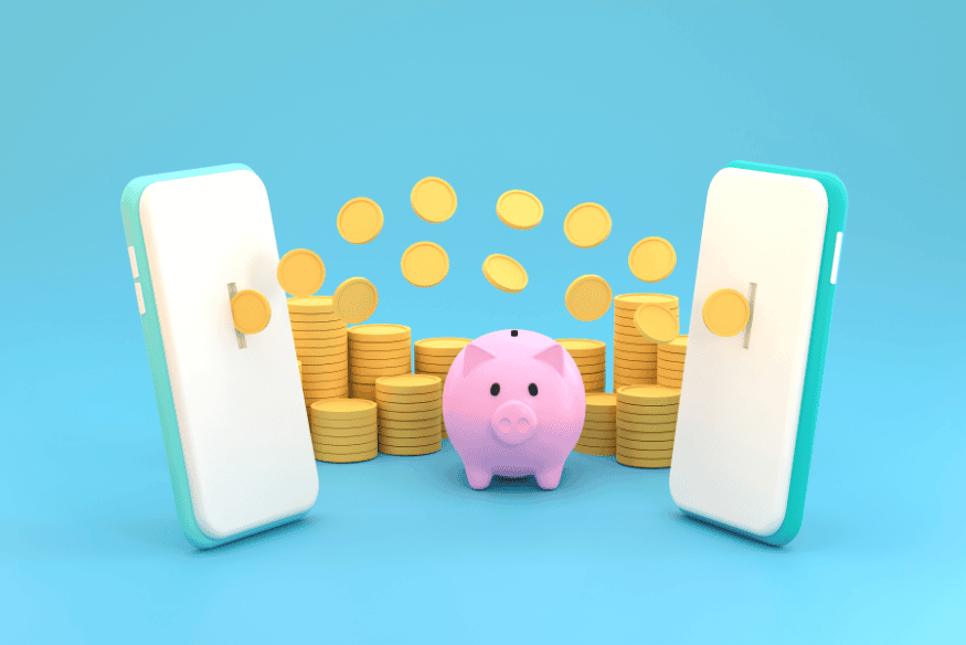 Illustration d’un cochon rose et de pièces entre deux smartphones symbolisant l’automatisation des économies pour un fonds d’urgence.