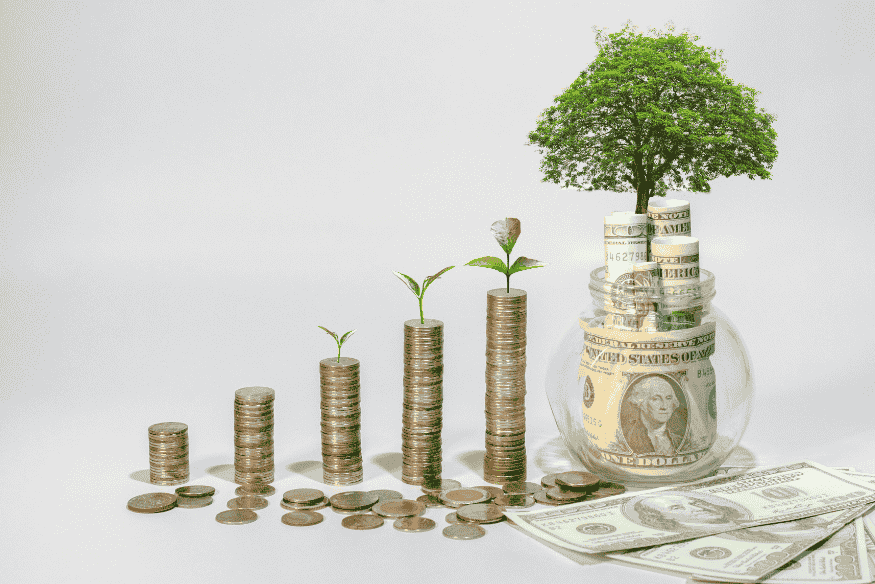Croissance d’un investissement représentée par des piles de pièces et un arbre poussant sur des billets, symbole d’une santé financière durable.