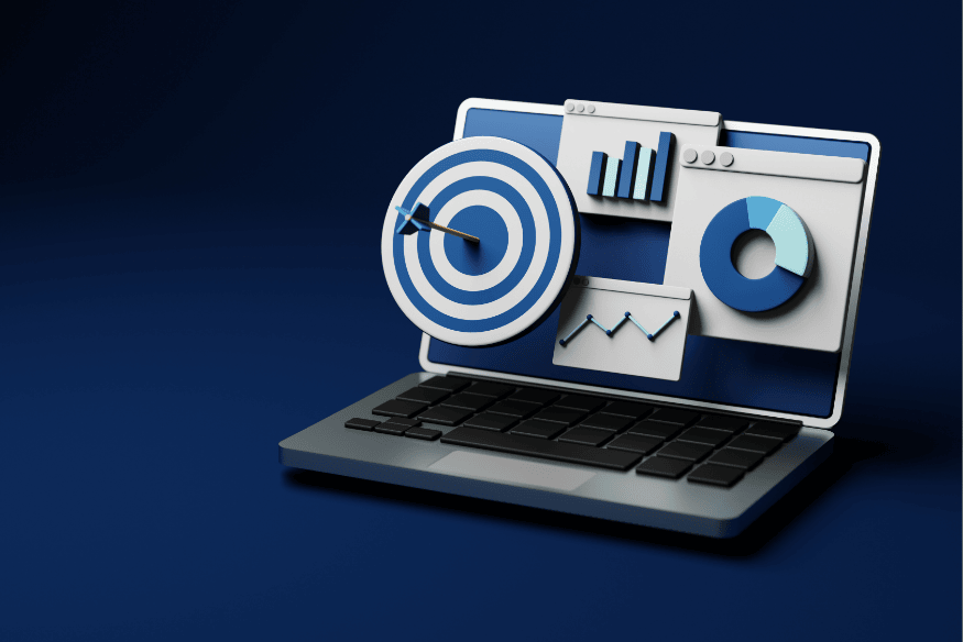 Illustration 3D d’un ordinateur portable affichant des graphiques, une cible avec flèche et des indicateurs de performance liés à la simulation de prêt.
