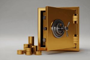 Coffre-fort ouvert avec pièces d’or comme symbole de sécurité des données, de protection financière et d’open banking
